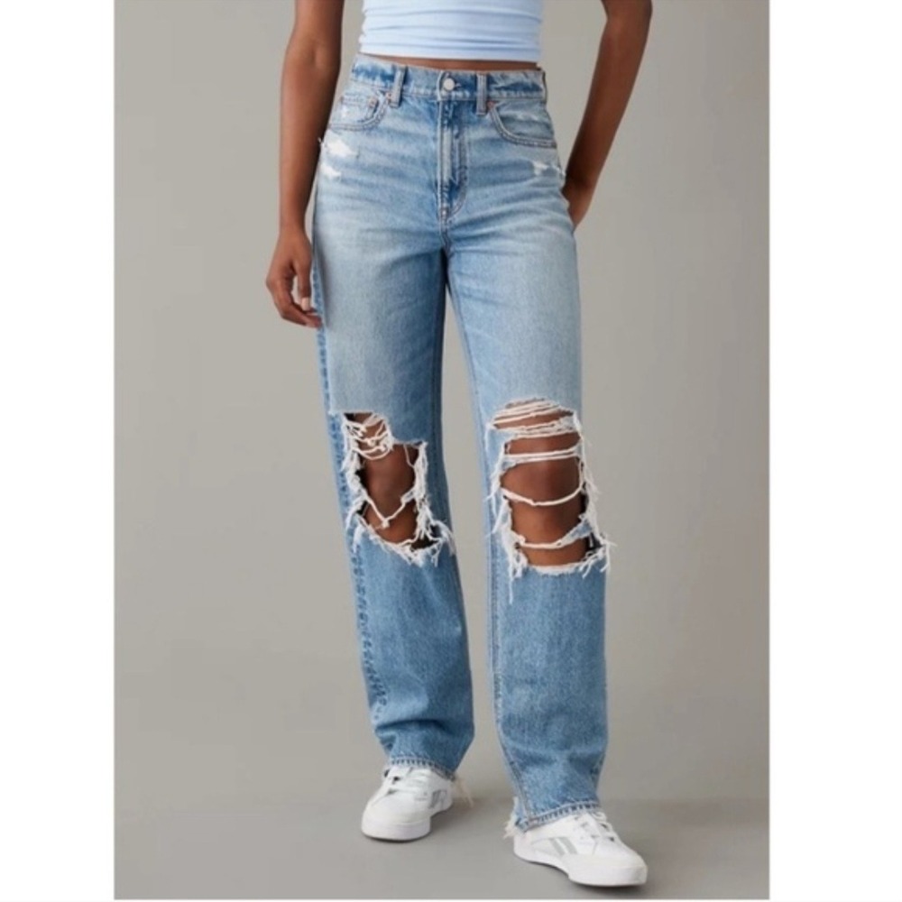 High-Rise Light Blue Distressed Straight Leg Jeans